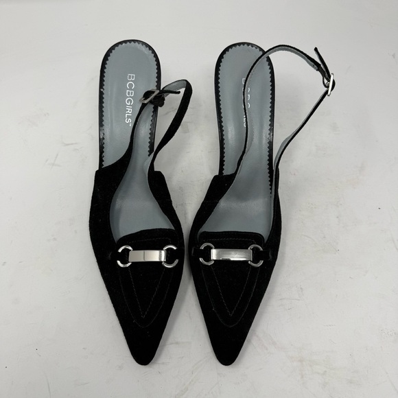 BCBGirls Shoes - BCBG Black Suede Pointed Toe Heel Sling Back Shoes Retro Party Women’s US 9 B